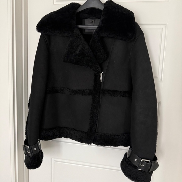 ALLSAINTS Jacket "Farley" Moto-Inspired Genuine Shearling & Suede Leather Sz Lg - Picture 8 of 16